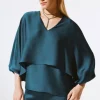 Cypress Satin V-Neck Layered Top in Twilight