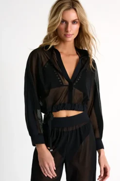 Monica Cropped long-sleeve mesh shirt
