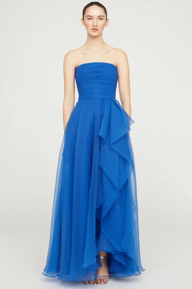 Teresa Strapless Draped Gown in cornflower blue